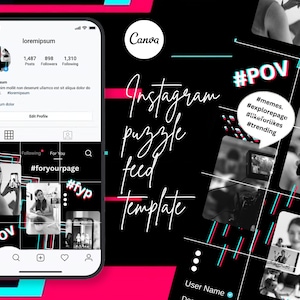TikTok Themen Instagram Puzzle Feed, Instagram Schwarz/Blau/Rosa Grid Layout, Bearbeitbare Canva Vorlage 21 Instagram Posts