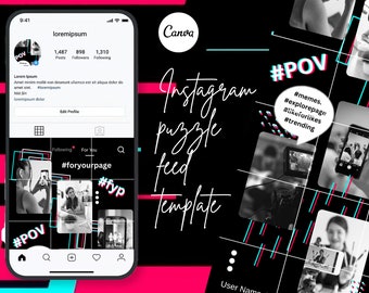 TikTok Themed Instagram Puzzle Feed, Instagram Black/Blue/Pink Grid Layout, Editable Canva Template 21 Instagram Posts