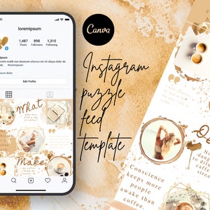Coffee, Coffeeshop Themed Canva Instagram Puzzle Feed Template, Beige/Brown Instagram Feed Puzzle, Instagram Templates, Canva Templates