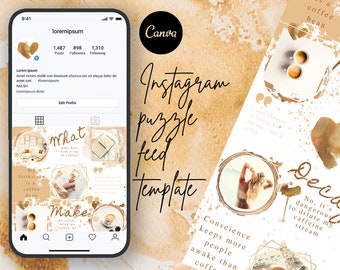 Coffee, Coffeeshop Themed Canva Instagram Puzzle Feed Template, Beige/Brown Instagram Feed Puzzle, Instagram Templates, Canva Templates