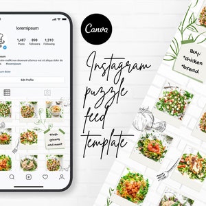 Food Blogger, Recipes, Restaurant Instagram Feed Puzzle Template, White Brick Template for Canva,  Food Business Branding Social Media