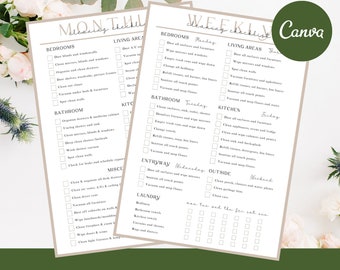 Planificador de limpieza EDITABLE, Lista de verificación de limpieza, Horario de limpieza, Tareas semanales de la casa, Hogar limpio con TDAH, Mensual, Planificador del hogar imprimible