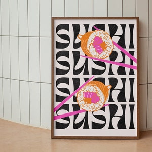 Cartel moderno de sushi, impresión de exposición para amantes del sushi, descarga instantánea, arte de pared naranja rosa intenso, bar de inauguración de la casa, bar de decoración de pared de comida de moda
