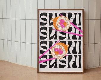 Sushi Modern Poster, Sushi Lover Exhibition Print, Instant Download, Hot Pink Orange Wall Art, Housewarming Bar Trendy Food Wall Decor Bar