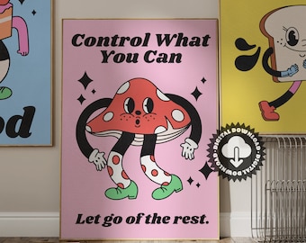 Impressão com citação retrô de cogumelos, decoração rosa para dormitório (download digital)