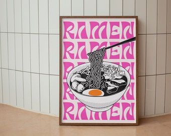 Pôster moderno de tigela de ramen, impressão de exposição para amantes de ramen, download instantâneo, arte de parede rosa-choque laranja, decoração de parede com comida da moda para inauguração de casa