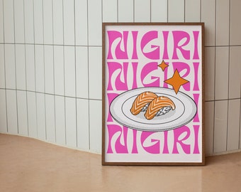 Pôster moderno de Nigiri Sushi, impressão de exposição para amantes de sushi, download instantâneo, arte de parede rosa-choque laranja, decoração de parede com comida da moda para inauguração de casa