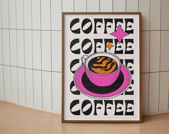 Pôster de café, presente de inauguração para amantes de café, impressão eclética de café expresso colorido, arte de parede para cozinha, decoração moderna para bar italiano para impressão