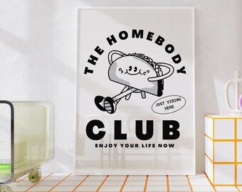 Pôster engraçado para impressão do The Homebody Club Introvert, decoração moderna para apartamento em inauguração de casa, arte de parede feminina, impressão monocromática para download instantâneo