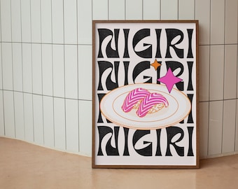 Pôster moderno de Nigiri Sushi, impressão de exposição para amantes de sushi, download instantâneo, arte de parede rosa-choque laranja, decoração de parede com comida da moda para inauguração de casa
