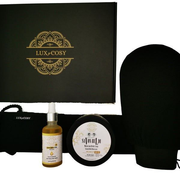 Coffret cadeau Hammam savon noir huile d’argan biologique hydratation cheveux visage ongles gant kessa exfoliant corps bien etre femme