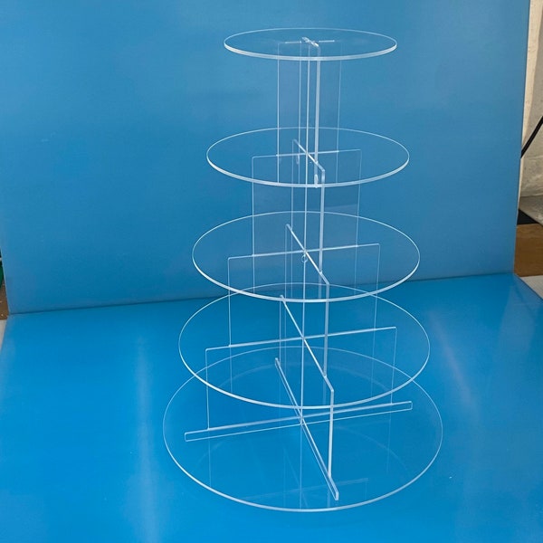 Acrylic 5 tier Cupcake stand in clear. Custom orders can be anything upto 6 tier