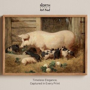 Impression d'une truie et de sa litière, impression d'art animal de ferme Frederick Herring, peinture de cochon de campagne rustique, décoration murale de scène de basse-cour du XIXe siècle