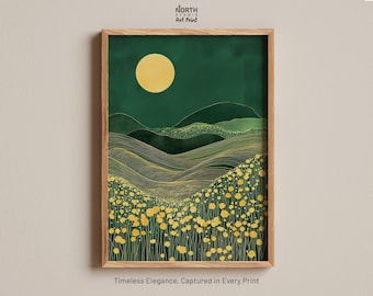 Estampado de luna y caléndula, estampado de paisaje botánico dorado, colinas japonesas y campo de flores bajo la luna llena, arte mural de naturaleza celestial