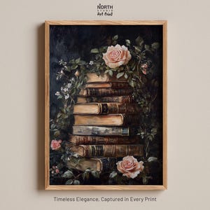 Stampa di libri antichi, arte accademica oscura, arte murale Cottagecore, libri d'epoca, libri antichi, arte murale, fiori vintage, arte murale floreale rosa