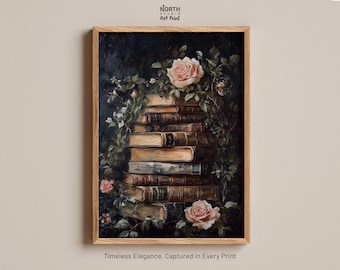 Old Books Print, Dark Academia Art, Cottagecore Wall Art, Vintage Books, Old Books, Wall Art, Vintage Florals, Pink Floral Wall Art