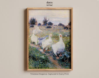 Happy Little Geese Painting, Printable Goose Garden Nursery Wall Art, Antique Landscape Painting, Vintage Nature Print, Vintage Painting