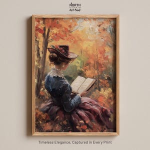 Donna che legge un libro, Arte autunnale, Arte autunnale rustica, Arredamento fattoria, Arte della lettura, Arte murale della foresta, Stampa autunnale vintage
