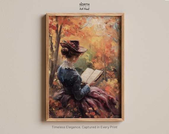 Woman Reading Book, Autumn Art, Rustic Fall Art, Farmhouse Decor, Reading Art, Forest Wall Art, Vintage Fall Print