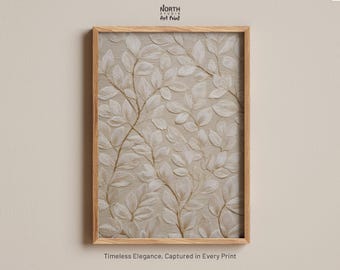 Antique Textile Wall Art, Vintage Fabric Print, Botanical Leaf Pattern, Neutral Home Decor