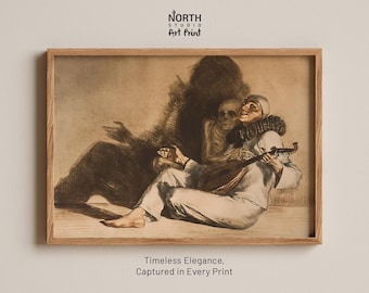 Puede incluir: Una lámina artística enmarcada con una ilustración en tonos sepia de un pierrot sentado tocando el laúd mientras una figura esquelética se sienta detrás. El texto NORTH STUDIO ART PRINT aparece arriba y Timeless Elegance, Captured in Every Print abajo.