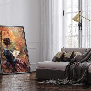 Woman Reading Book, Autumn Art, Rustic Fall Art, Farmhouse Decor, Reading Art, Forest Wall Art, Vintage Fall Print image 3