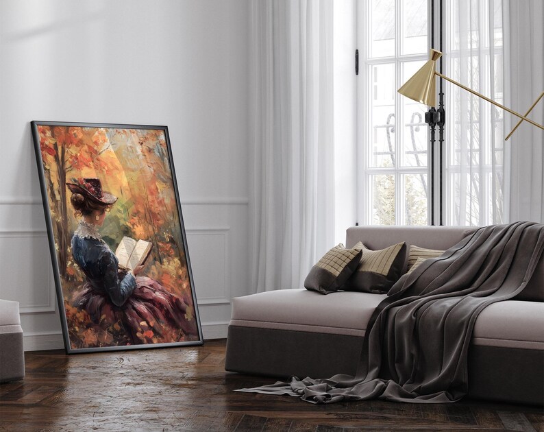 Woman Reading Book, Autumn Art, Rustic Fall Art, Farmhouse Decor, Reading Art, Forest Wall Art, Vintage Fall Print image 3