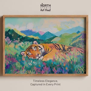 Impression tigre endormi, animal sauvage, art coloré, décoration jungle, affiche animal, art mural nature, impression vibrante, faune moderne