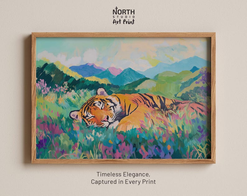 Estampado de tigre durmiendo, estampado de vida silvestre, arte colorido, decoración de la jungla, póster de animales, arte mural de la naturaleza, estampado vibrante, vida silvestre moderna imagen 1
