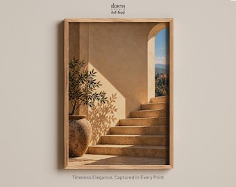 Tuscan Olive Tree Print, Tuscany Italy Wall Art, Mediterranean Stairway Poster, Italian Villa Decor, Neutral Landscape Art, Summer Wall Art