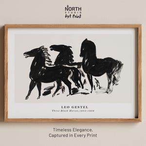 Three Black Horses print, Leo Gestel minimalist horse art print, Monochrome equestrian illustration, Vintage animal ink drawing wall art