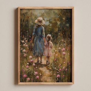 Stampa madre e figlia, dipinto di famiglia impressionista, amore materno senza tempo, belle arti del paesaggio floreale, stampa di un momento familiare sentito