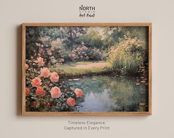 May include: A rectangular art print in a light wood frame featuring a painting of a garden pond surrounded by blooming pink roses and lush green foliage. The text NORTH STUDIO ART PRINT appears at the top, and Timeless Elegance, Captured in Every Print is at the bottom.
