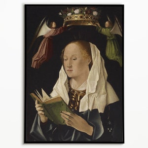 Poster artistico della Vergine Maria che legge, stampa artistica malinconica, regalo per gli amanti della lettura, arredamento vittoriano, stampa femminista, arte murale primaverile, arte murale malinconica