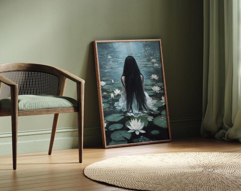 Ophelia mörk gotisk stämningsfullt tryck, mörk akademiskt tryck, mörk estetik, cottagecore-konst, mörk oljemålning, gotisk väggkonst, stämningsfull viktoriansk konst bild 6