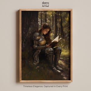 Lady Knights Poster, Dark Academia Wandkunst, Fantasy Wandkunst, Frau Ritter Print, Bücherwurm Geschenk, Buchliebhaber Geschenk
