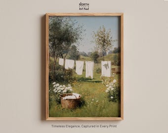 Laundry Day Wall Art - Vintage Countryside Clothesline Print, Rustic Cottagecore Landscape Painting for Farmhouse Decor