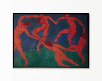 May include: A framed wall art print depicting five red figures in a circular dance formation. The figures are set against a deep blue sky and a green hill. The composition features bold, simplified shapes and a high-contrast color palette.