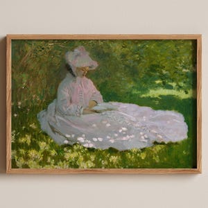 Stampa di Claude Monet "Donna che legge in primavera" - Arte impressionista del giardino, elegante decorazione da parete vintage, dipinto romantico della natura, arte classica
