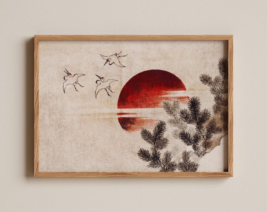 Japanese Sunset Print, Hokusai Birds and Sun Art, Traditional