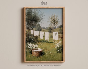 Laundry Day Wall Art - Vintage Countryside Clothesline Print, Rustic Cottagecore Landscape Painting for Farmhouse Decor
