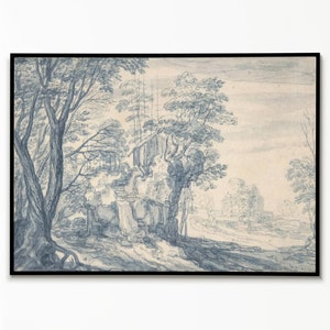 Blue Willow Wall art, Klasyczny wydruk, Krajobraz w stylu vintage, Wydruk sztuki akwarelowej, Sztuka ścienna, Sztuka ścienna w stylu vintage