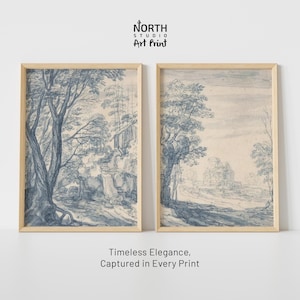 Set di 2 stampe da parete Blue Willow, stampe paesaggistiche vintage, decorazioni classiche in stile cinese, eleganti opere d'arte botaniche, poster tradizionali sulla natura