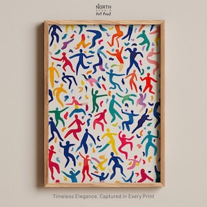 May include: A framed art print featuring a colorful pattern of abstract human figures in various poses. The figures are in shades of red, blue, yellow, green, and orange against a cream background. The print is labeled "North Studio Art Print" and includes the text "Timeless Elegance, Captured in Every Print."
