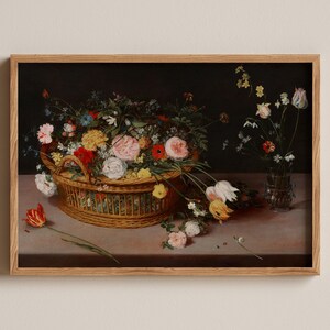 Flowers in a Basket and a Vase Print, Jan Brueghel the Elder, Floral still life, flower art, Antique botanical print, Vintage painting