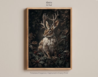 Op de afbeelding: Een ingelijste kunstdruk met een jackalope, een konijn met hertenantlers, zittend tussen donkergroene hulstbladeren en rode bessen. De print zit in een lichtgekleurde houten lijst. De tekst NORTH STUDIO ART PRINT staat bovenaan afgebeeld.