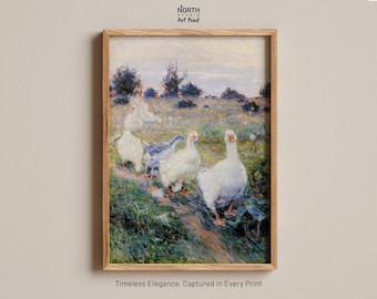 Happy Little Geese Painting, Printable Goose Garden Nursery Wall Art, Antique Landscape Painting, Vintage Nature Print, Vintage Painting