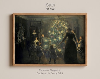 May include: A framed art print featuring a dark, moody painting of a group of people holding hands and dancing around a brightly lit Christmas tree in a dimly lit room. The text North Studio Art Print and Timeless Elegance, Captured in Every Print appears.