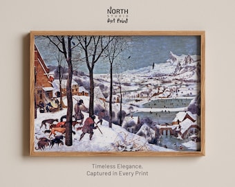 May include: A framed art print featuring a winter landscape painting with hunters and dogs in the foreground, a frozen river with skaters in the distance, and snow-covered mountains. The text NORTH STUDIO ART PRINT and Timeless Elegance, Captured in Every Print is visible.