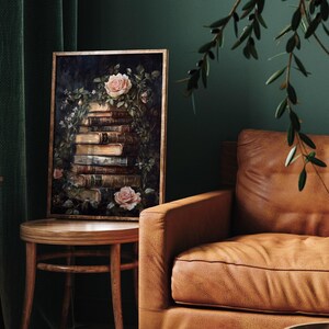 Old Books Print, Dark Academia Art, Cottagecore Wall Art, Vintage Books, Old Books, Wall Art, Vintage Florals, Pink Floral Wall Art image 4